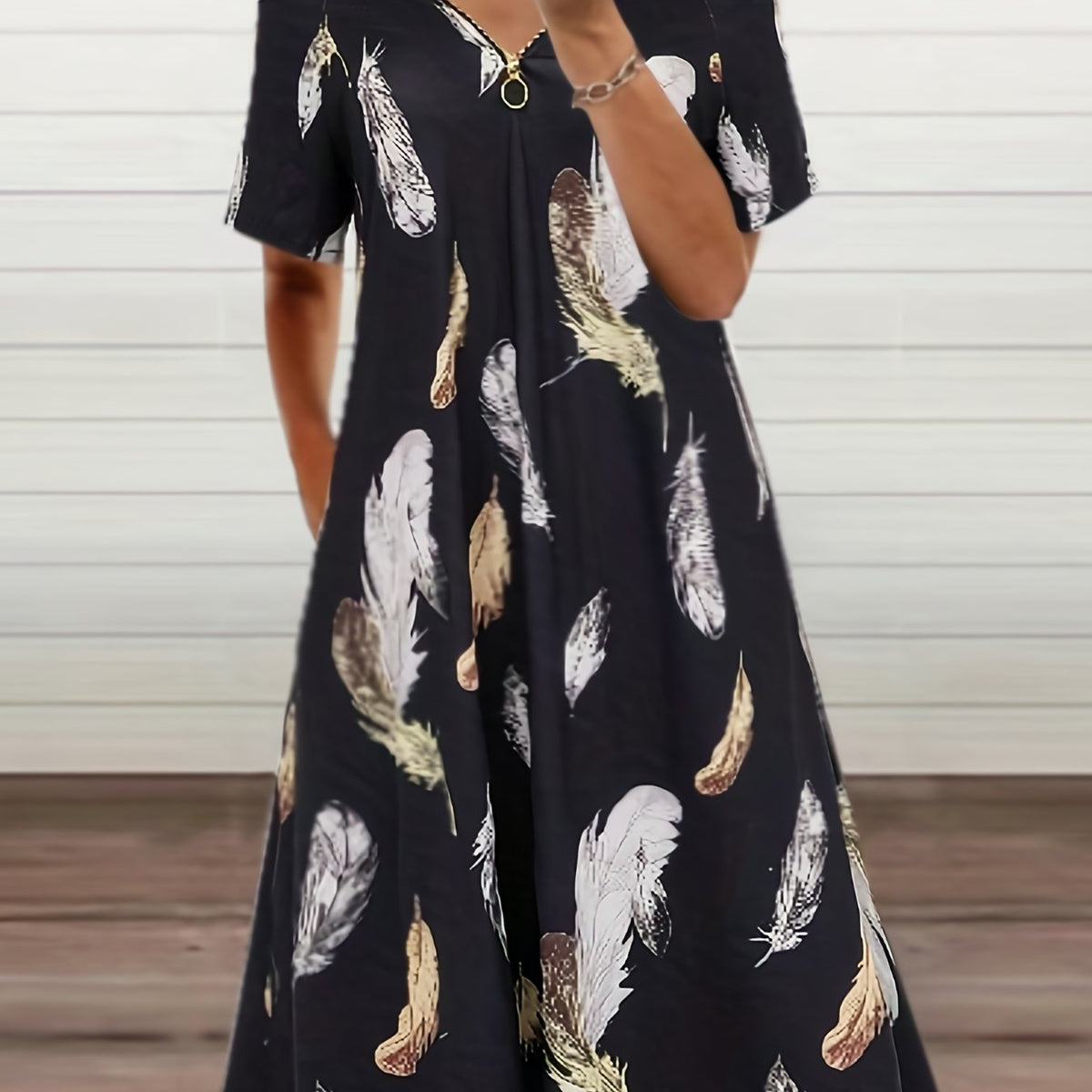 Feather Print Cold Shoulder Dress