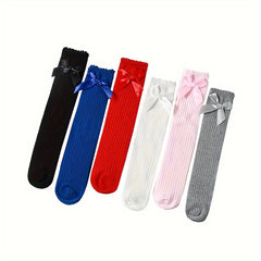 Girl's Bowknot Striped Knee High Socks Comfy Long Stockings