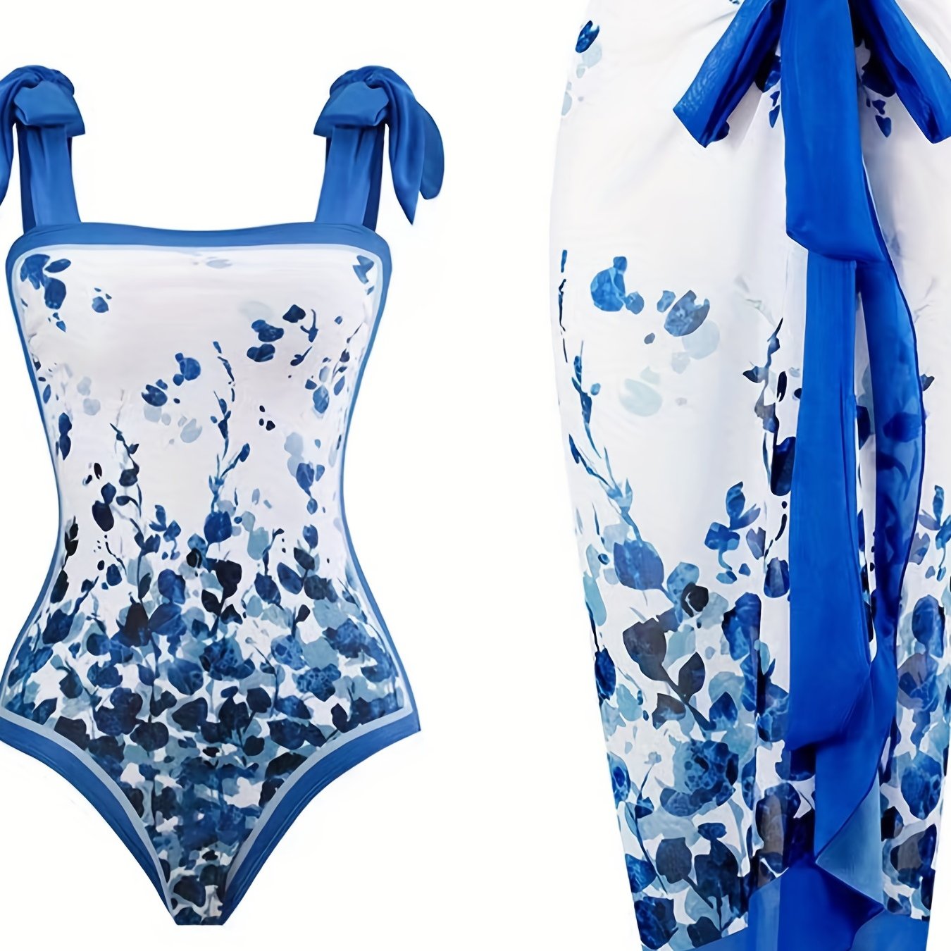  Floral Print Tankini Set One Piece Swimsuit & Wrap Skirt
