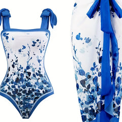  Floral Print Tankini Set One Piece Swimsuit & Wrap Skirt