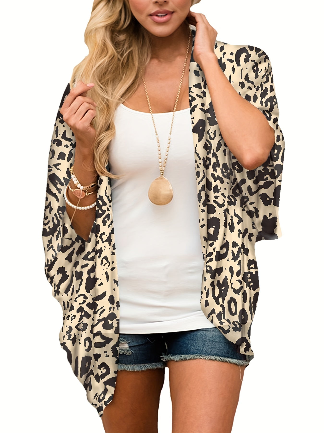 Leopard Print Cover Up Shirt V Neck Loose Fit Long Sleeves Beachwear