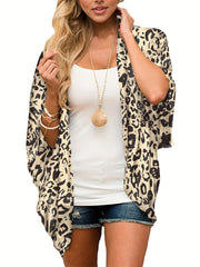 Leopard Print Cover Up Shirt V Neck Loose Fit Long Sleeves Beachwear
