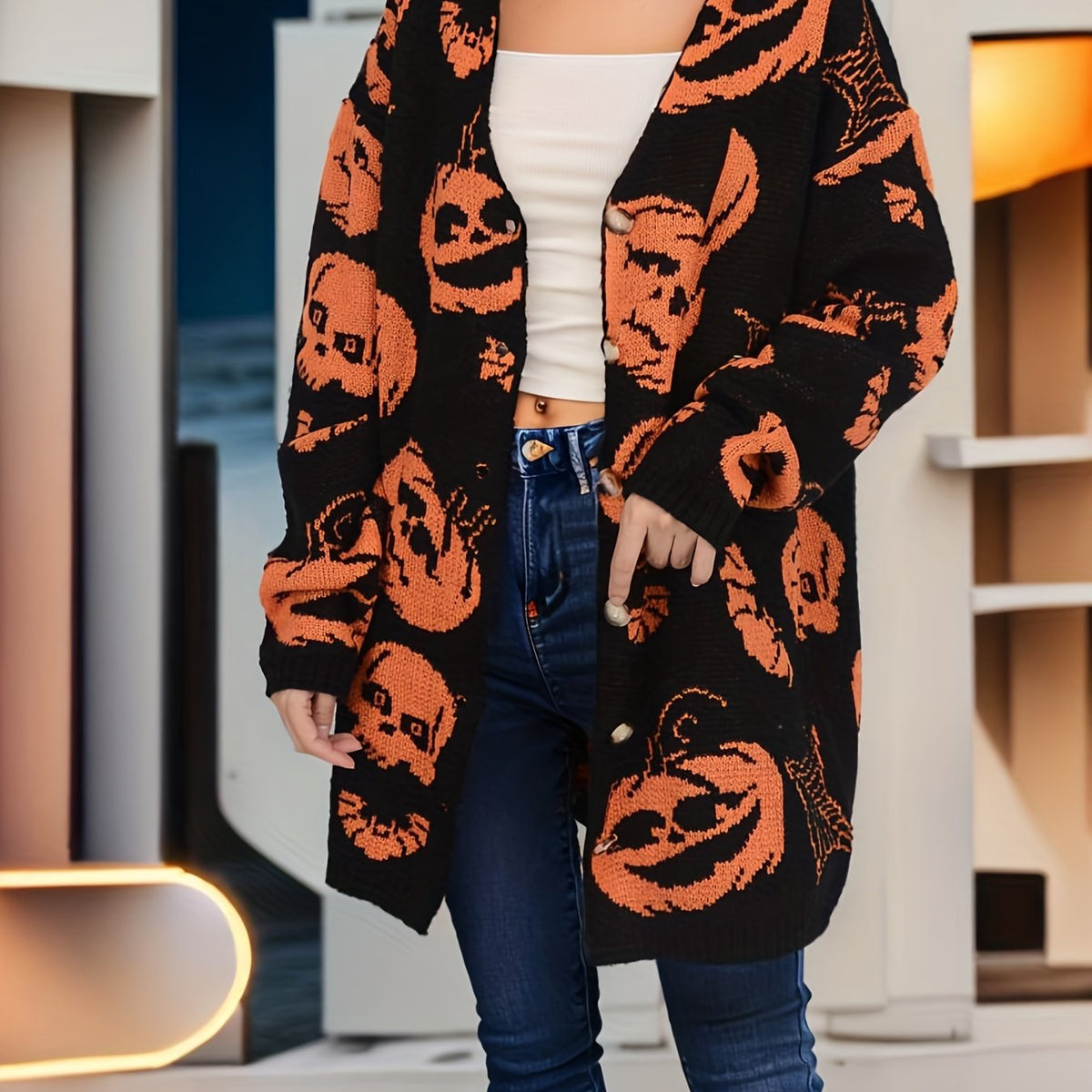 Pumpkin Pattern V Neck Button Up Cardigan Sweater