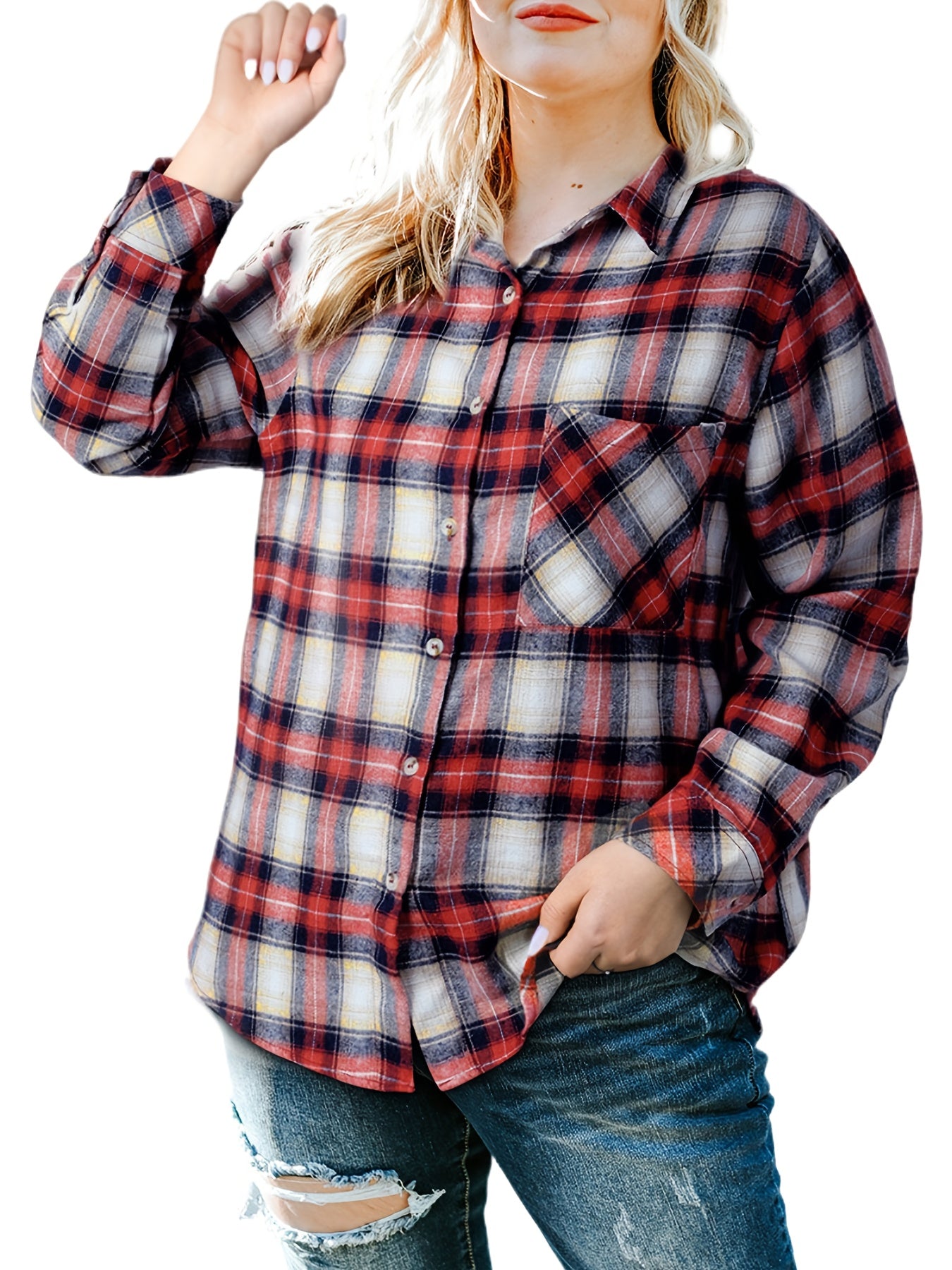  Plaid Print Button Up Long Sleeve Blouse
