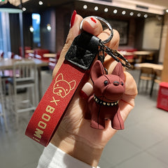 Bulldog Keychain Punk PU Leather Strap Dog Keychain Car Pendant Couple Bag