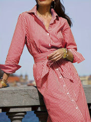  Plaid Print Long Sleeve Shirt Dress