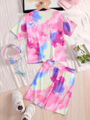 Girls' Tie Dye Short Sleeve T Shirt & Biker Shorts Set Sports Casual Yoga