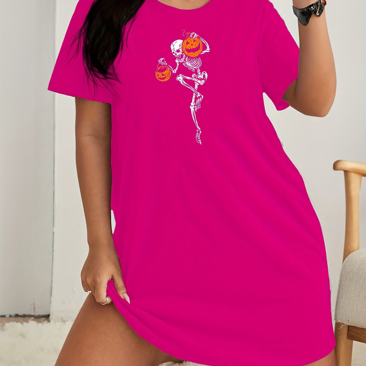  Halloween Lounge Dress Women's Pumpkin & Skull Print Nightdress