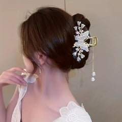 Pearl Flower Tassel Rhinestone Hair Claw for Women
