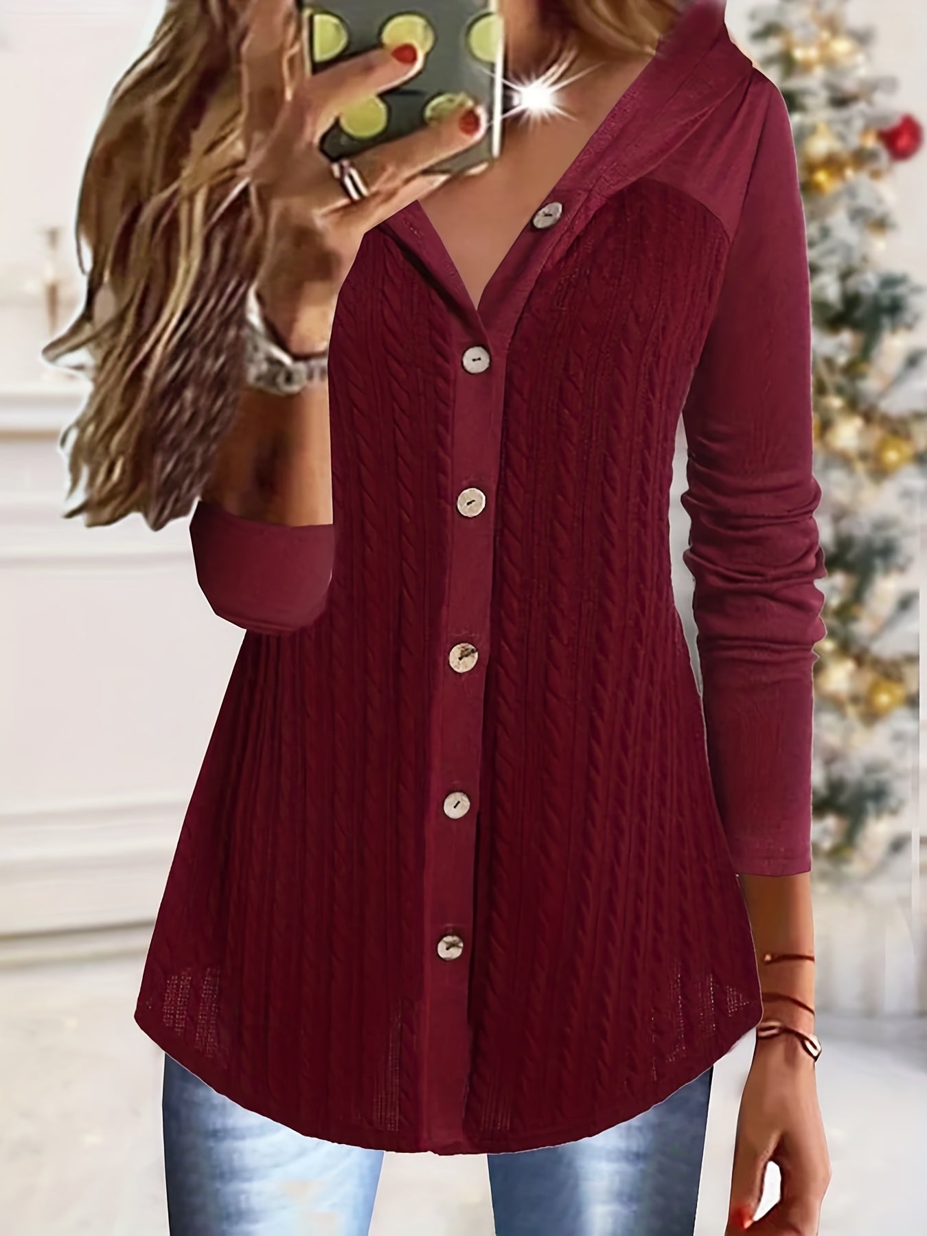  Solid Cable Long Sleeve Button Up Hooded Cardigan