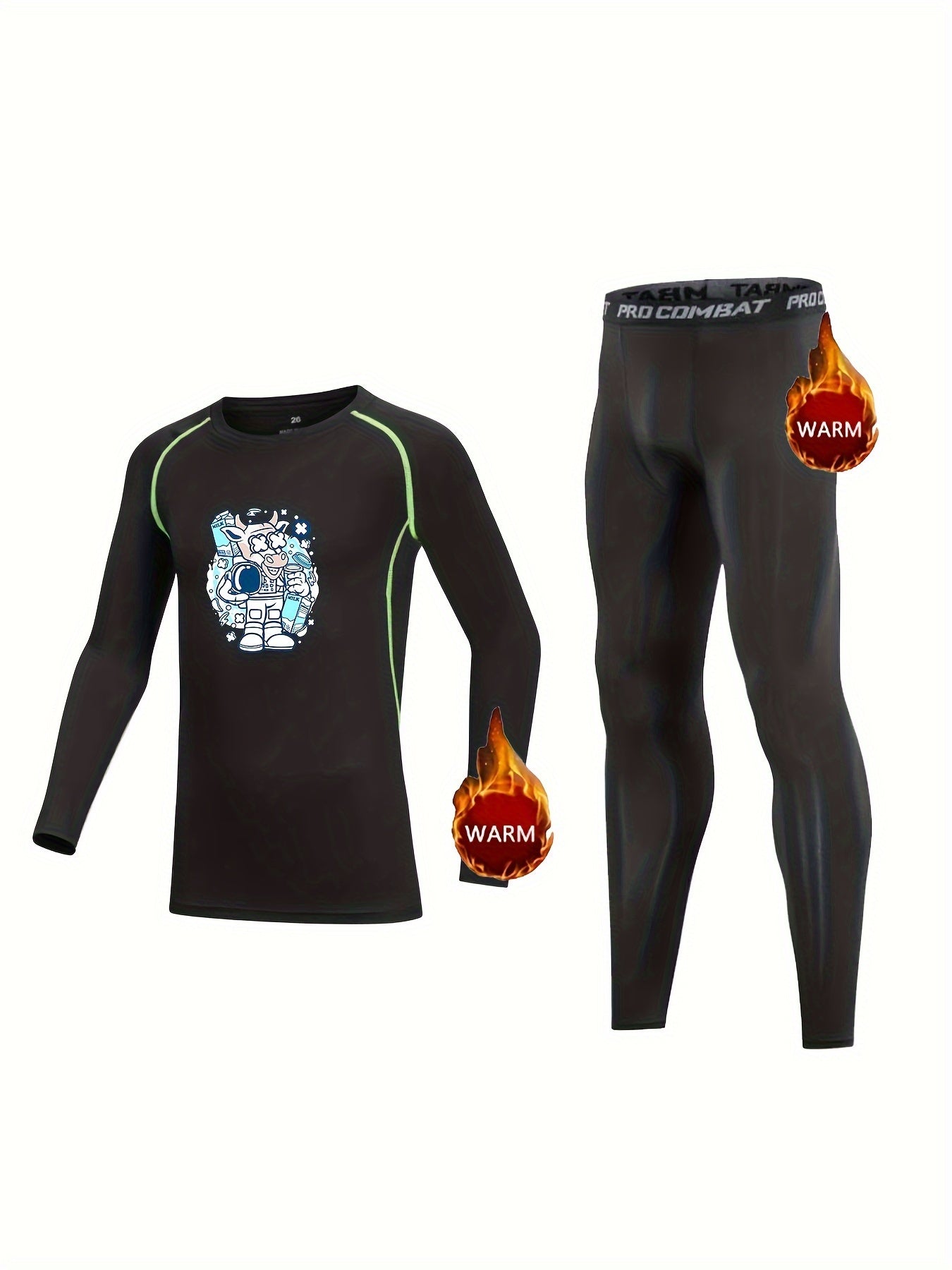 Kids Fleece Lined Compression Base Set Cow Astronaut Print Long Sleeve Leggings