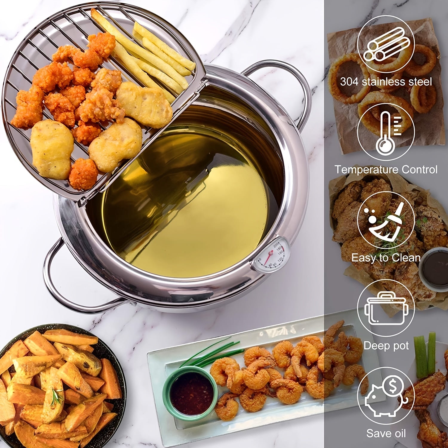 Japanese Tempura Fryer with Thermometer - Stainless Steel