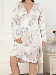 Women's Plus Polar Bear Print Lace Trim Long Sleeve Nightdress