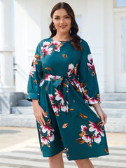  Floral Print Lantern Sleeve Dress