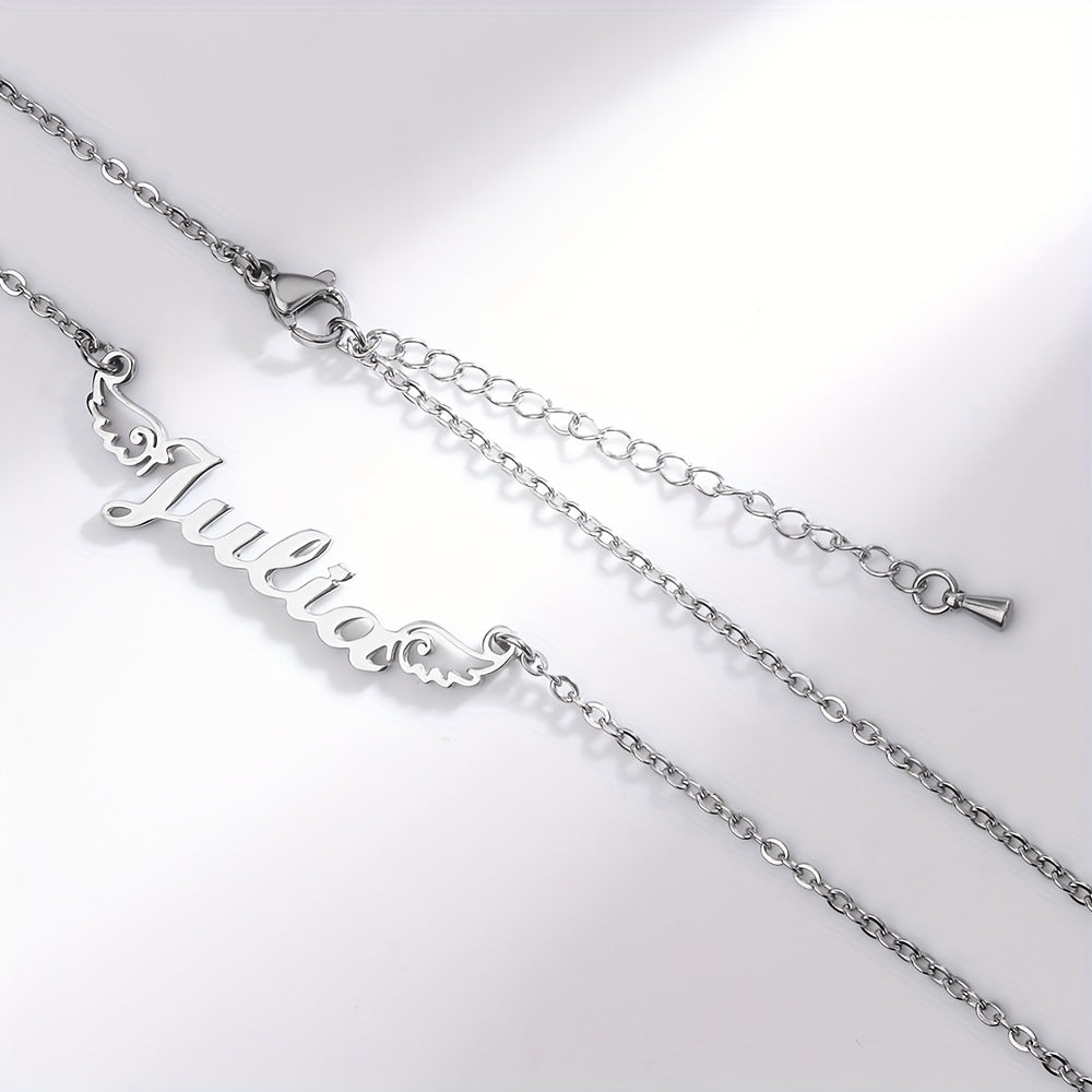 Personalized Angel Wings Pendant Name Necklace Custom Engraved Letter Hollow Cut