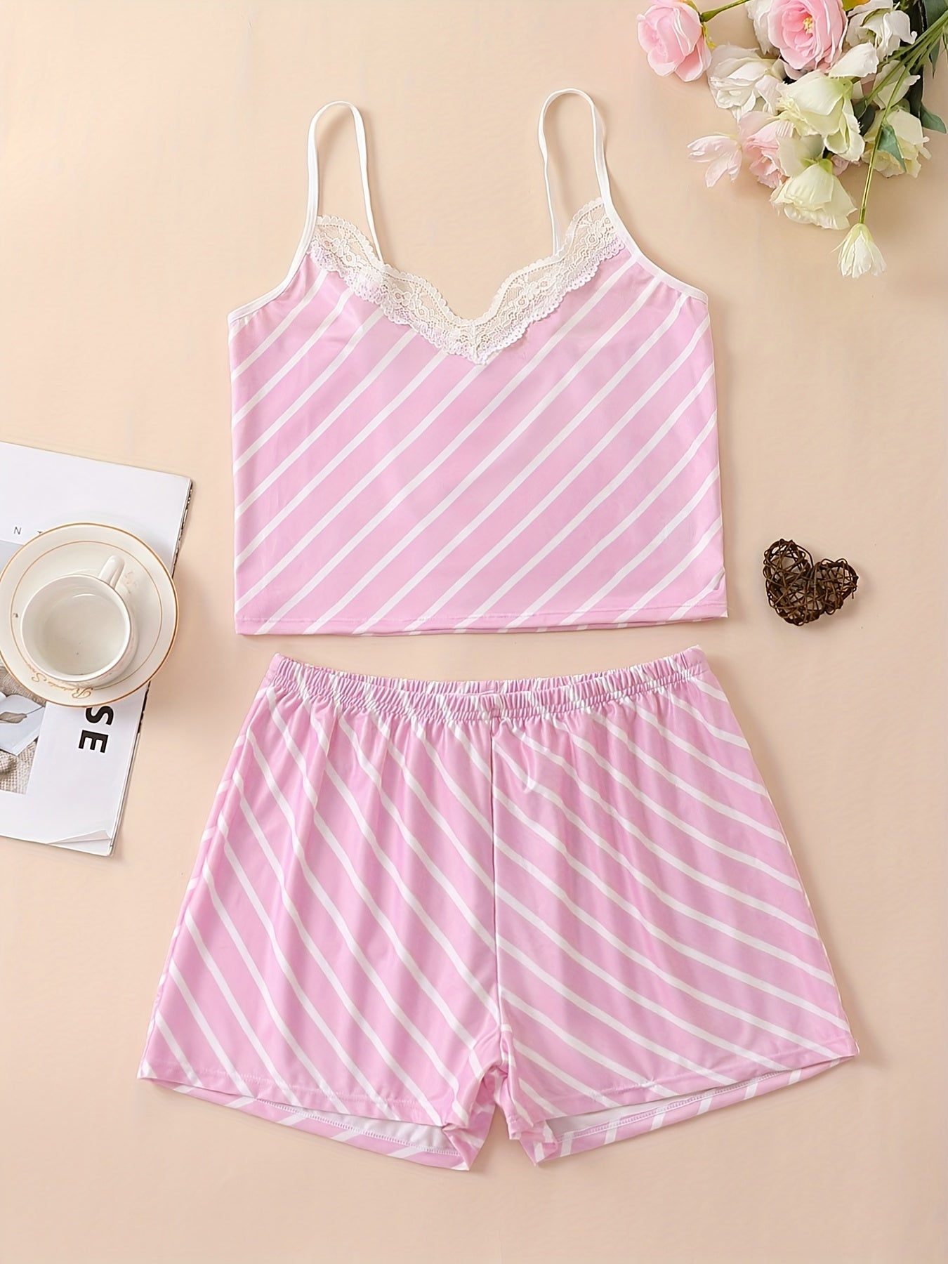 Striped Print Pajama Set Lace Trim V Neck Cami Top & Lounge Shorts