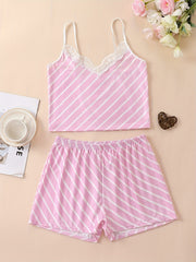 Striped Print Pajama Set Lace Trim V Neck Cami Top & Lounge Shorts