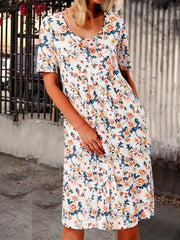 Floral Print Ruched Short Sleeve Plus Size Boho Midi Dress