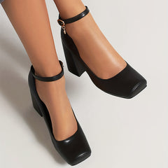 Women's Pig Nose Square Toe Block Heels Work Pumps