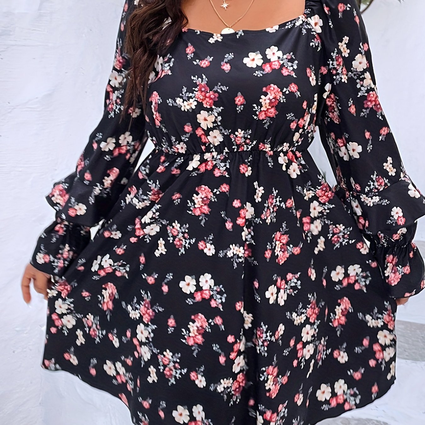  Floral Print Ruffle Trim Midi Dress