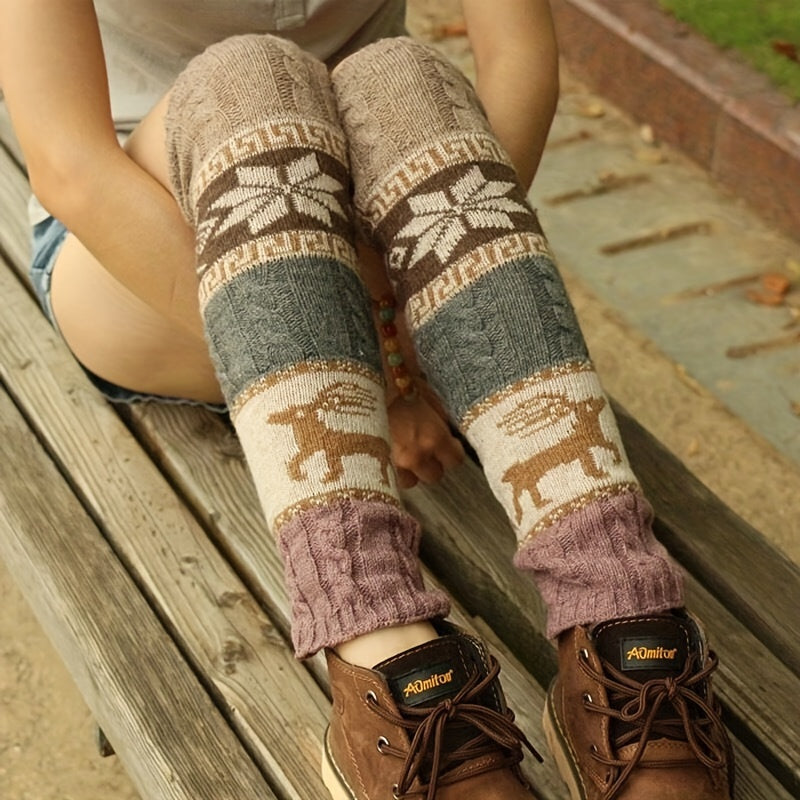 Winter Twist Snowflake Fawn Knee Socks Warm Leg Foot Covers