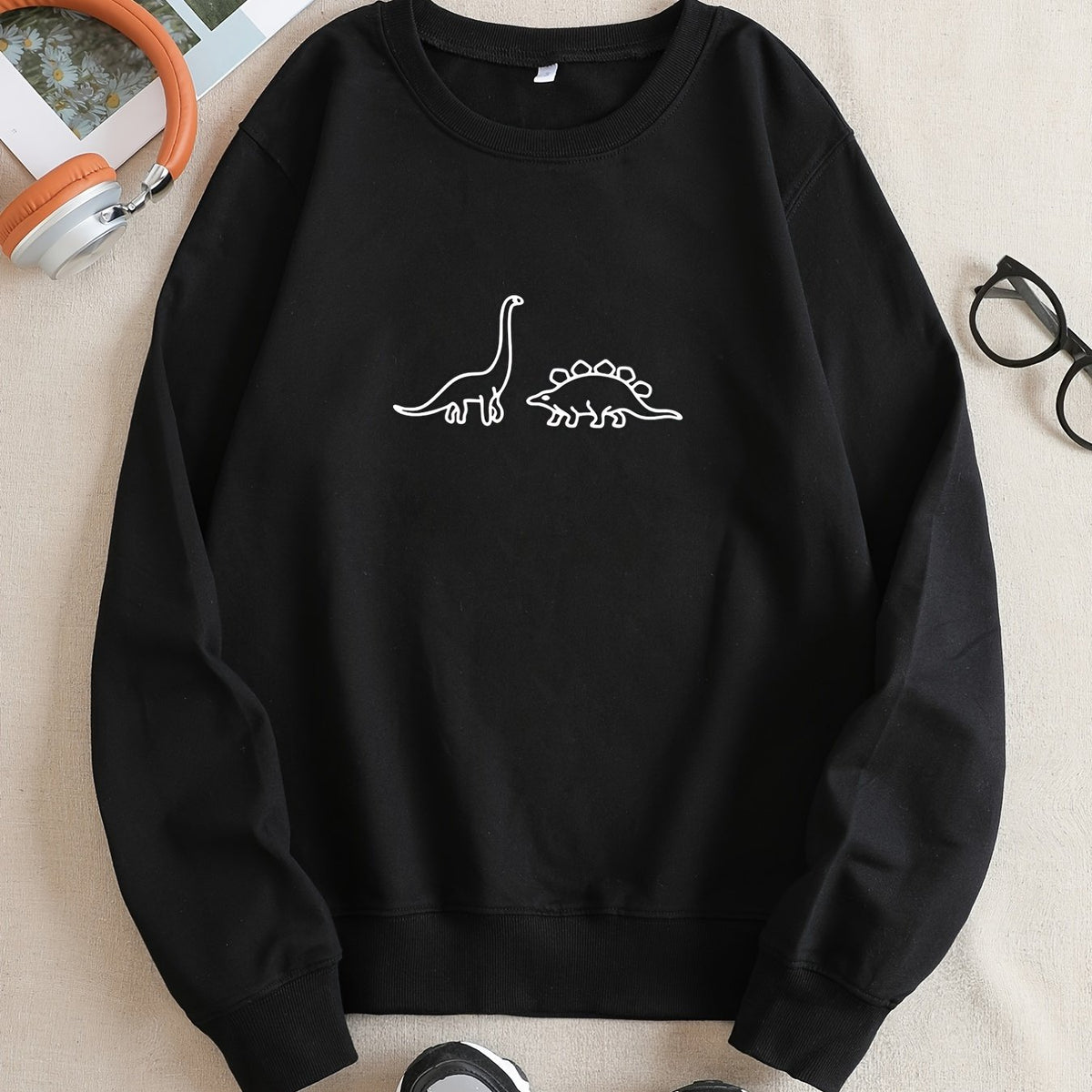 Dinosaur Graphic Print Crew Neck Sweatshirt Long Sleeve Pullover Casual Top