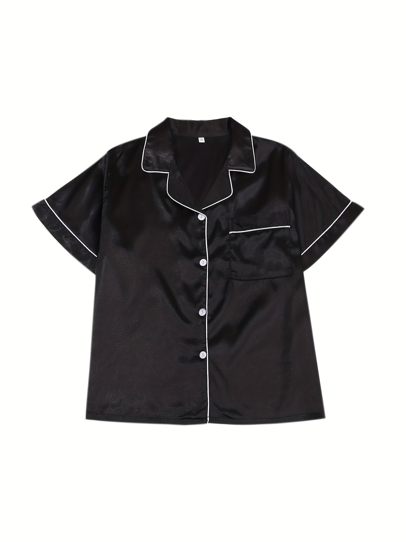  Satin Pajama Set Women's Contrast Piping Short Sleeve Shirt & Shorts