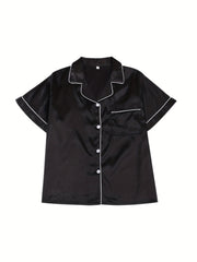  Satin Pajama Set Women's Contrast Piping Short Sleeve Shirt & Shorts