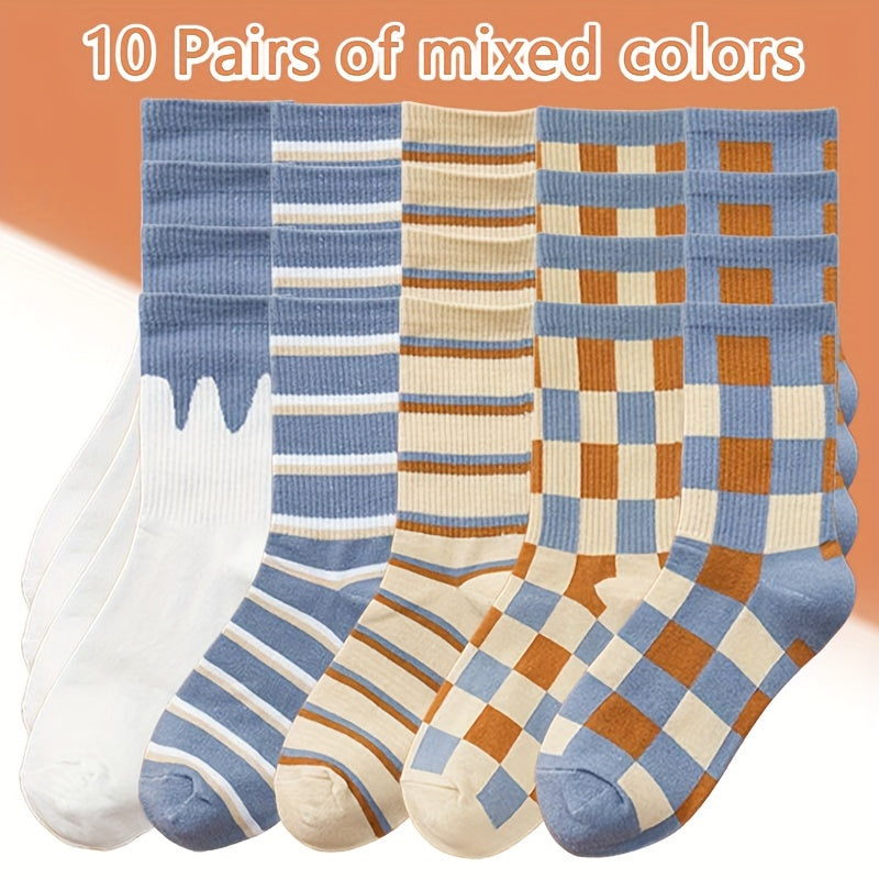10 Pairs Plaid & Striped Print Socks Women's Stockings & Hosiery