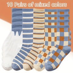10 Pairs Plaid & Striped Print Socks Women's Stockings & Hosiery