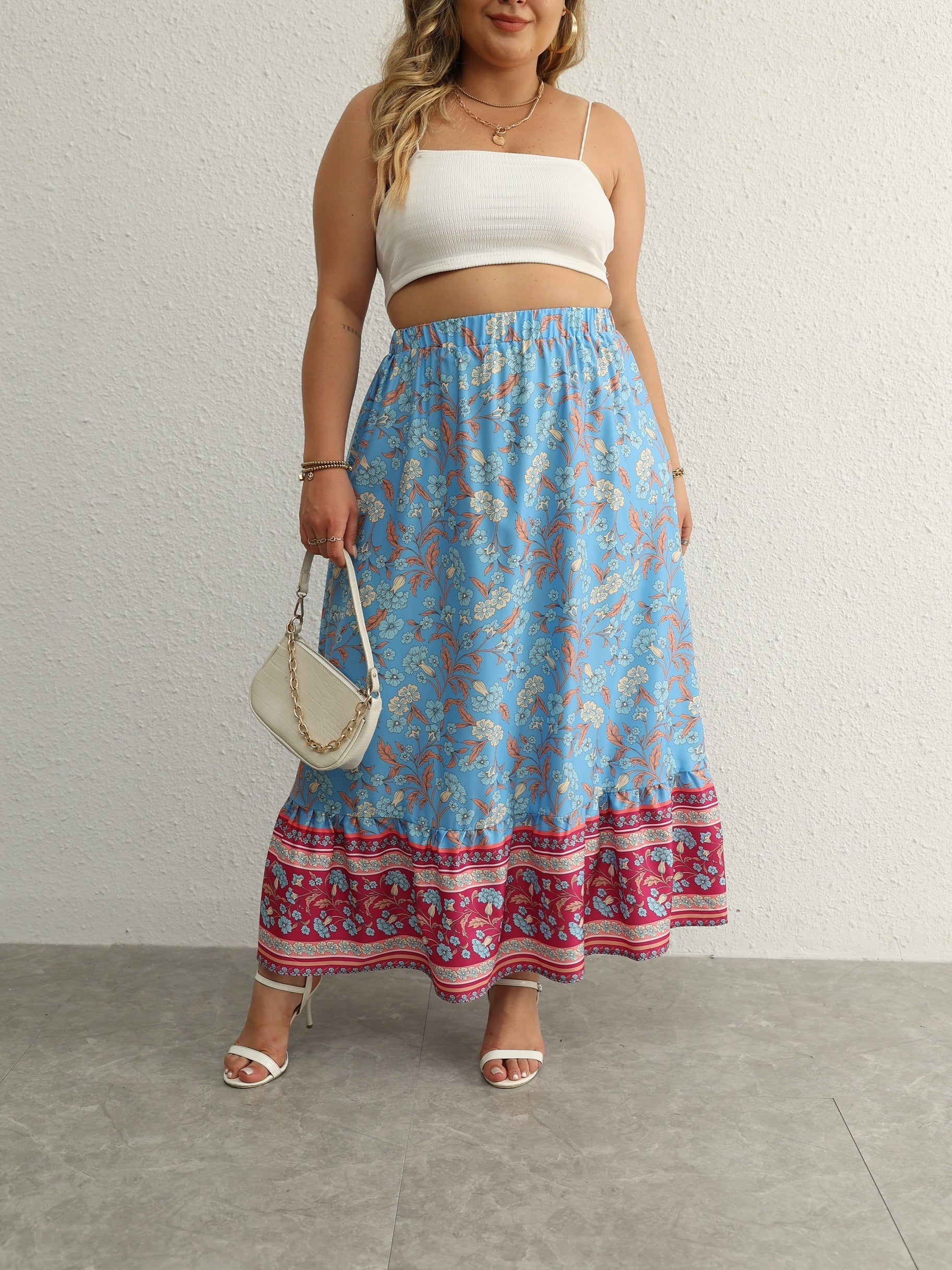  Boho Skirt Floral Print Ruffle Trim Maxi Skirt