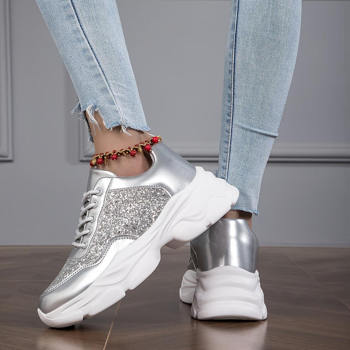 Glitter Chunky Sneakers Lace Up Running Shoes Low Top Dad Shoes