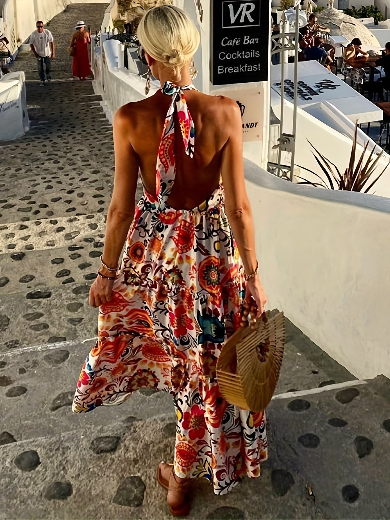  Boho Dress Allover Print Off Shoulder Backless Halter Neck