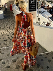  Boho Dress Allover Print Off Shoulder Backless Halter Neck