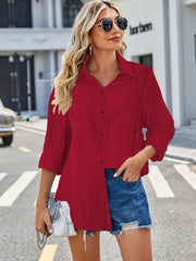  Ribbed Long Sleeve Button Up Blouse