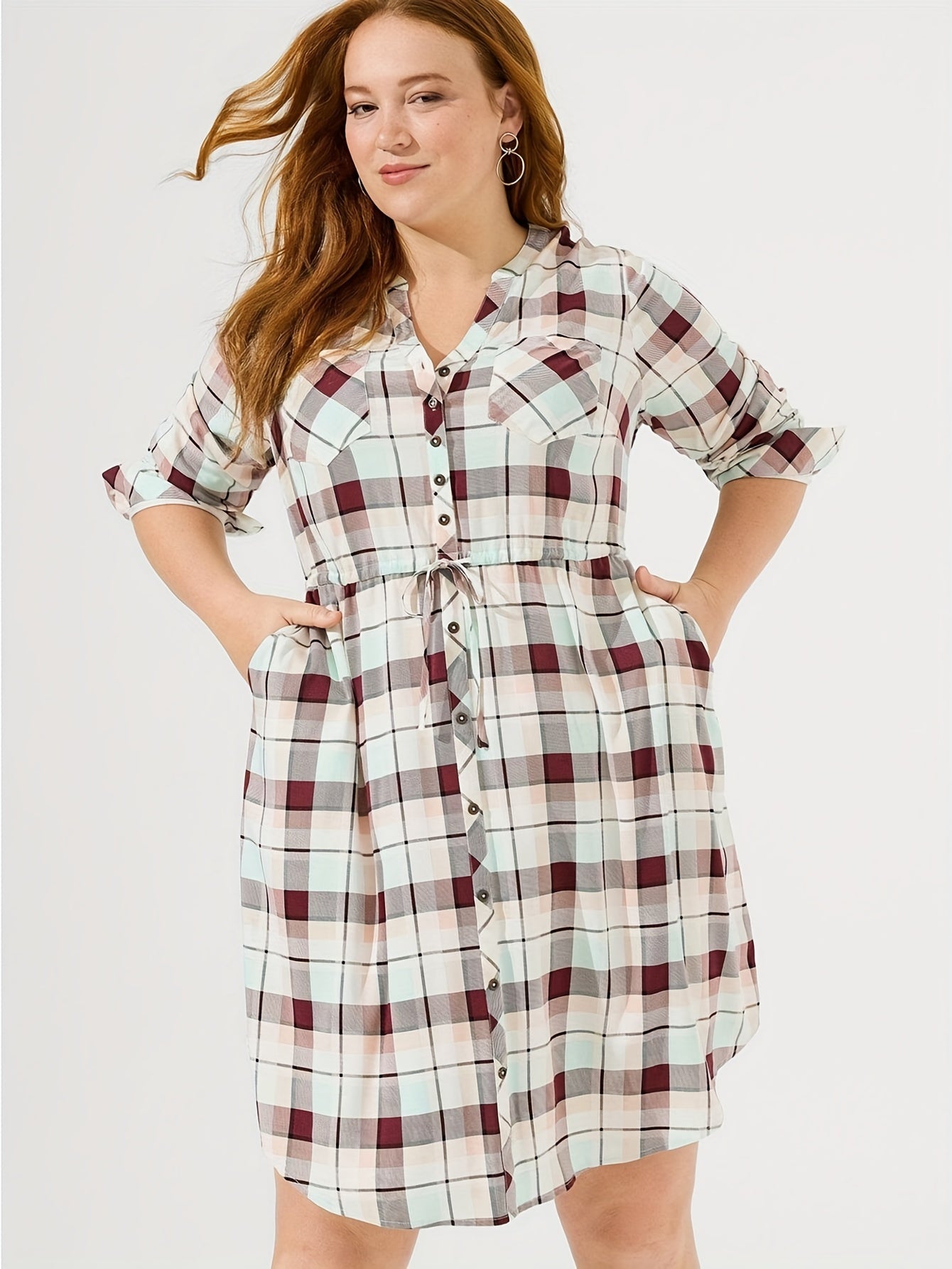  Women's Plaid Print Long Sleeve V Neck Shirt Dress
