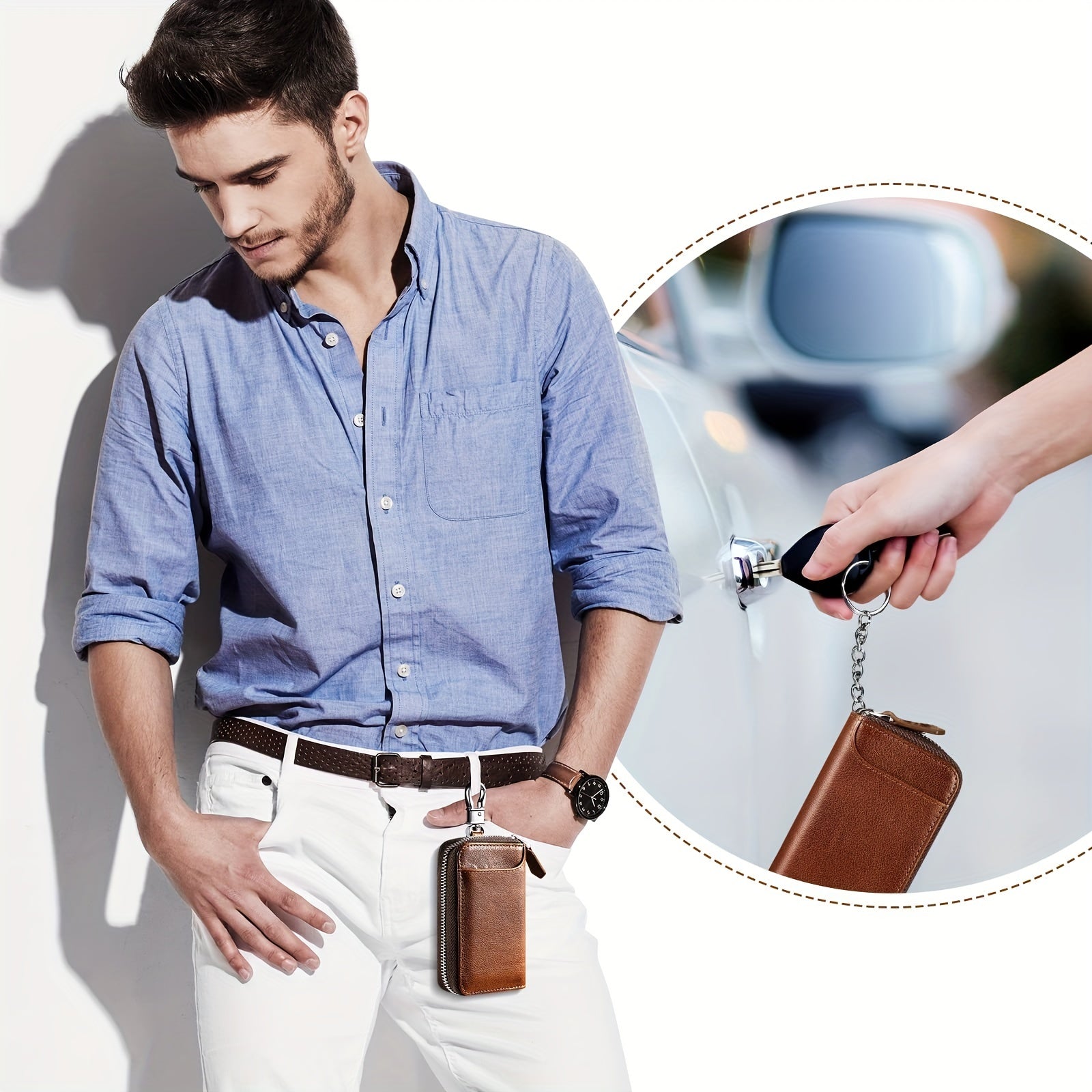 Large Capacity Zipper Car Key Holder Men's Waist Hanging Leather Key Chain Case