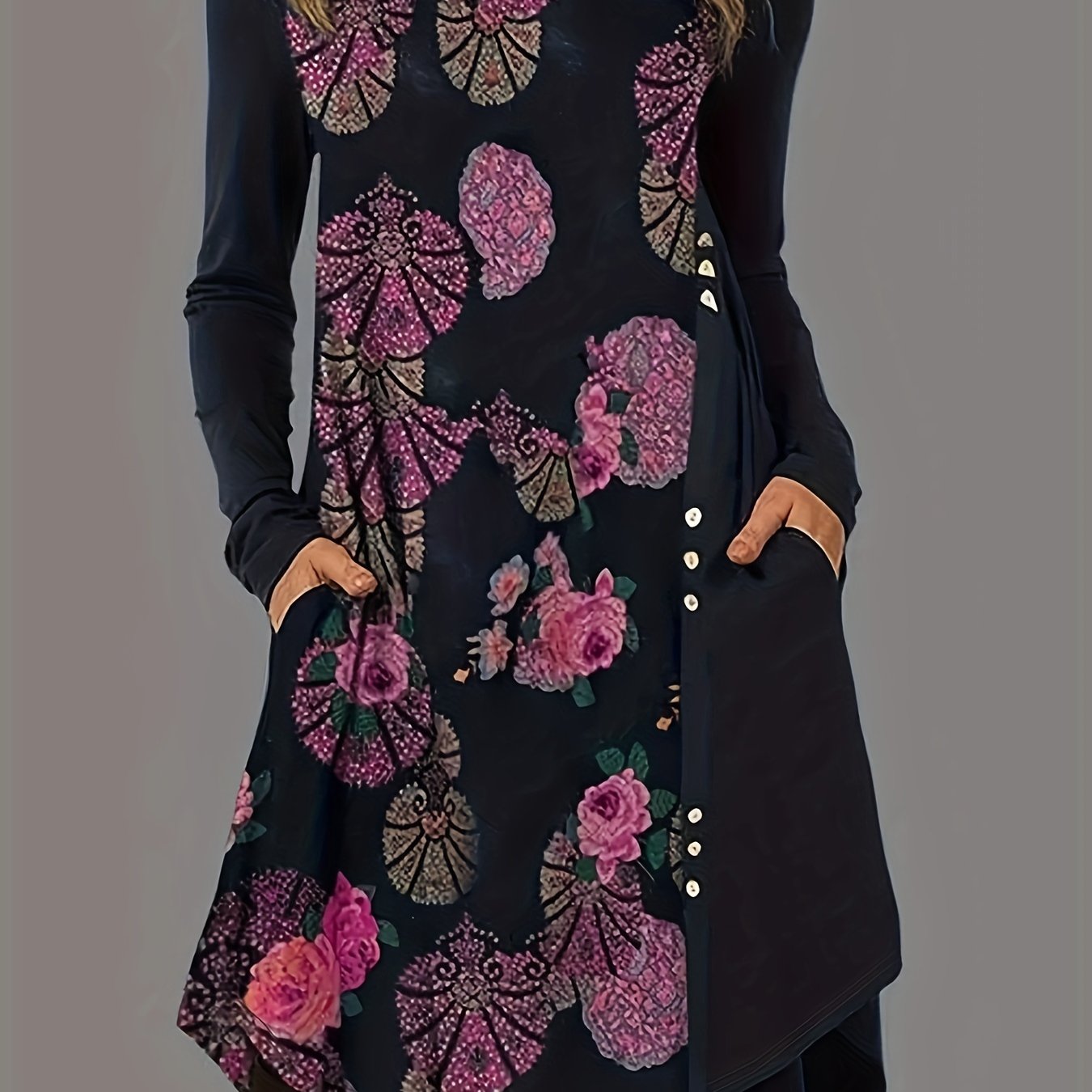  Women's Graphic Print Long Sleeve Dress With Pockets