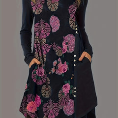  Women's Graphic Print Long Sleeve Dress With Pockets