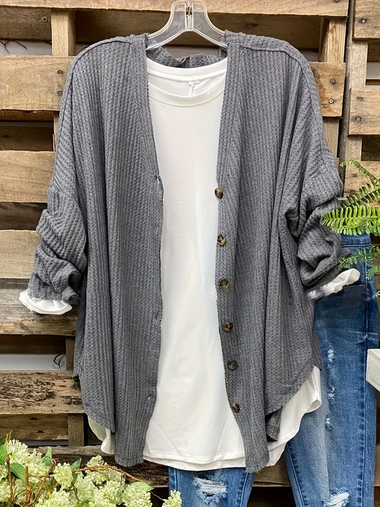  Solid Waffle Knit Long Sleeve Button Up Cardigan