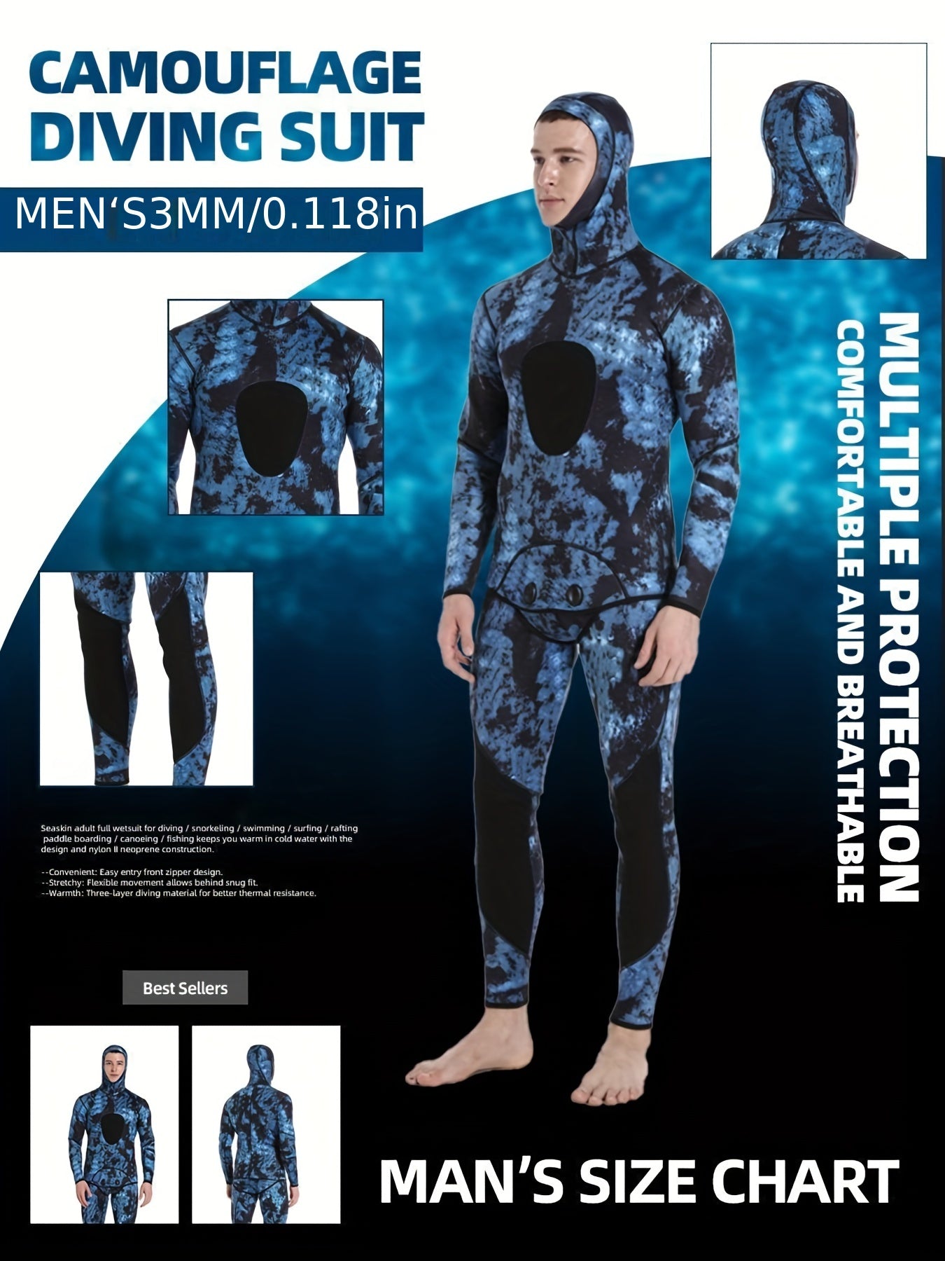 Men's Neoprene 3mm Hoodie Wetsuit Camo Mid Stretch Full Suit