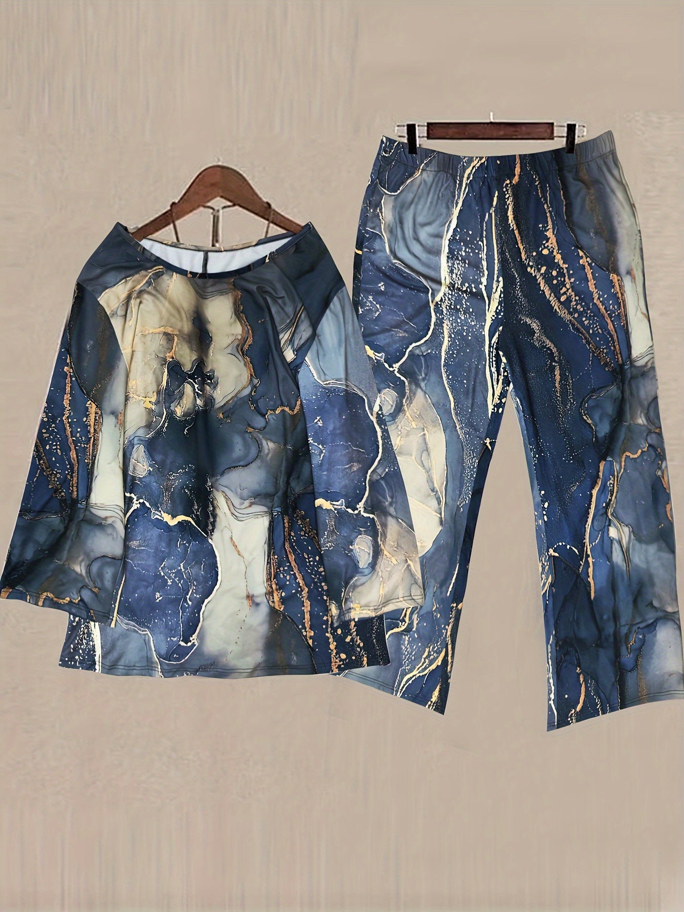  Marble Print Top & Pants Set, Long Sleeve Round Neck 2pc Outfit