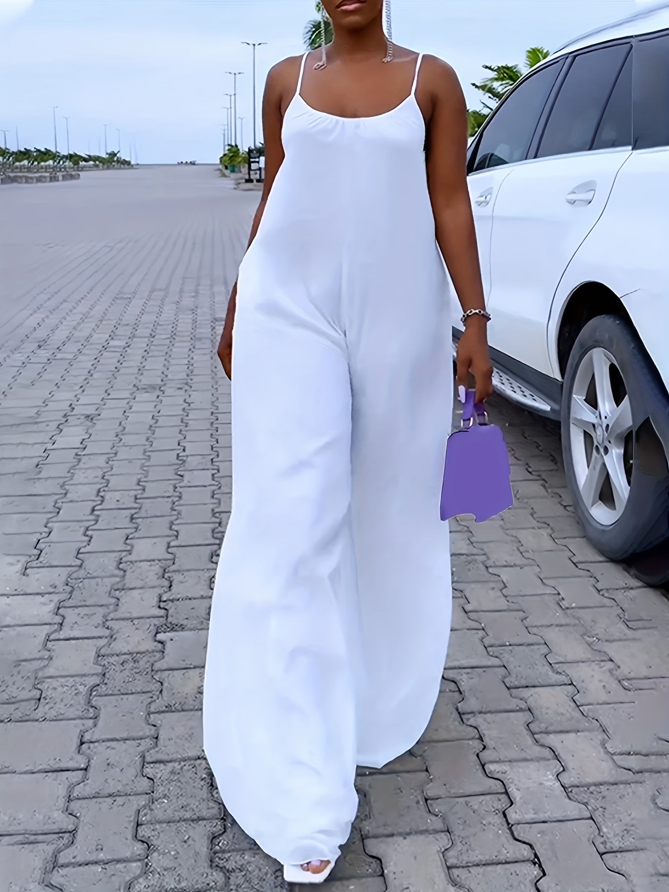  Casual Cami Jumpsuit Solid Round Neck Backless Wide Leg With Pockets