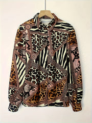  Colorblock Leopard Print Button Up Lantern Sleeve Blouse