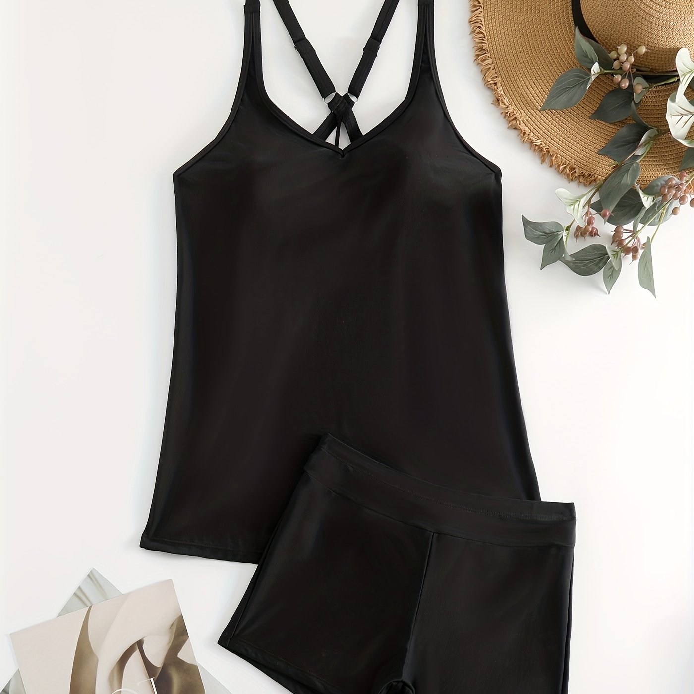 Casual Tankini Set Solid V Neck Cami Top & Shorts Swimsuit