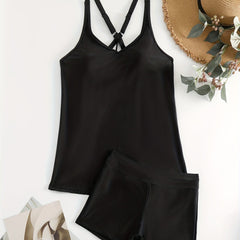  Casual Tankini Set Solid V Neck Cami Top & Shorts Swimsuit