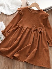 Girls' Corduroy Bow Ruffle Swing Dress for Party Holiday