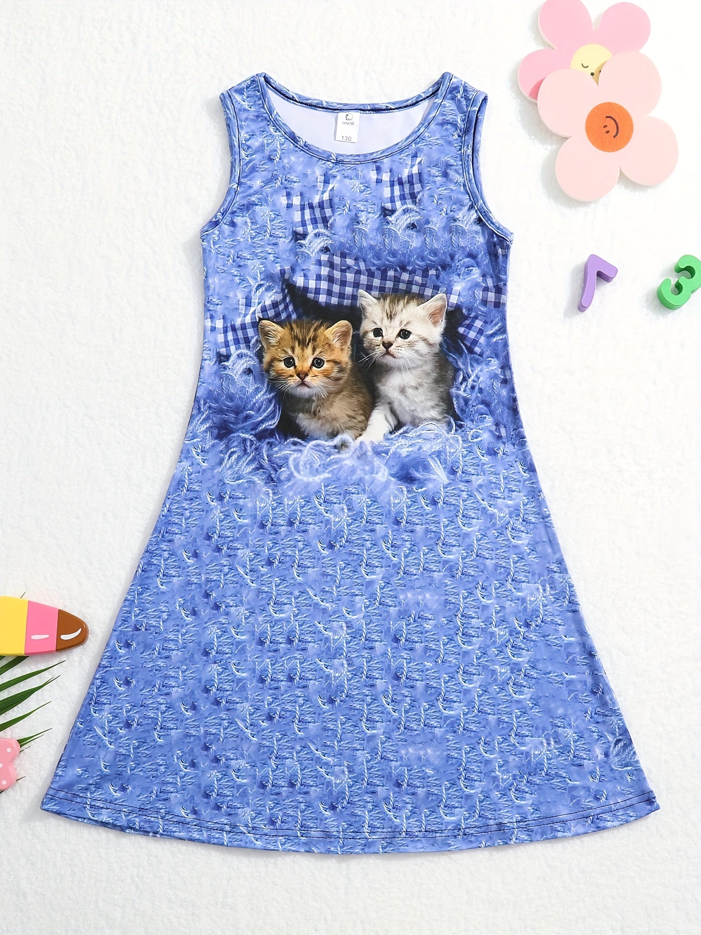 Girl's 3D Cat Print Dress - Summer Outfit