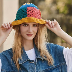 Hollow Crochet Flower Bucket Hat Block Knitted Basin Hat