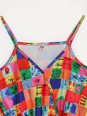 Block & Fruit Print Romper Jumpsuit Casual Sleeveless V neck Women's Clothing